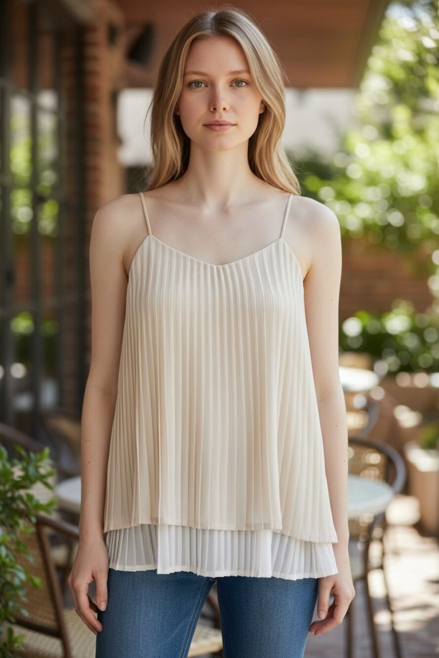 PAPER CRANE Top Size S Cute Cream Spaghetti Strap Relaxed Fit Layered